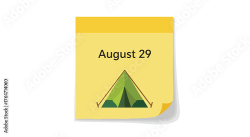 August 29th Camping Trip Reminder on Calendar: A Simple Graphic Depiction of a Summer Adventure Day Marked on a Yellow Sticky Note