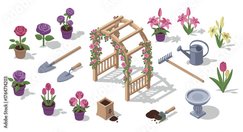 Garden tools and floral arrangement with wooden trellis in isometric style
