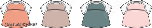 Set of fashion technical flat sketches of a women's sleeveless tunic or dress, showcasing an empire waist design in a versatile color palette for apparel mockups