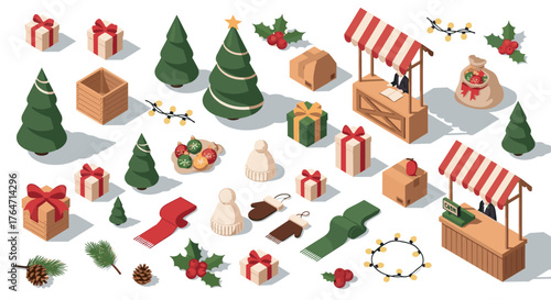 Festive christmas market with trees, gifts, and cozy winter accessories in isometric style