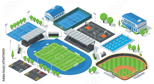 Isometric sports complex with tennis courts, basketball fields, pool, and stadium