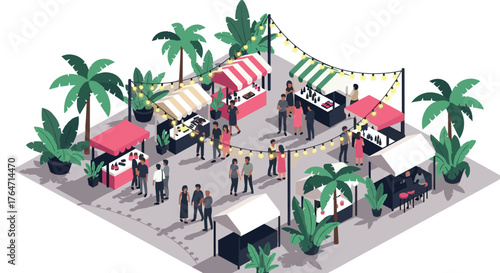 Isometric outdoor market with food stalls and festive lights in tropical setting