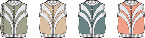 Set of four sleeveless jackets with unique patterns and distinct color palettes presented side-by-side