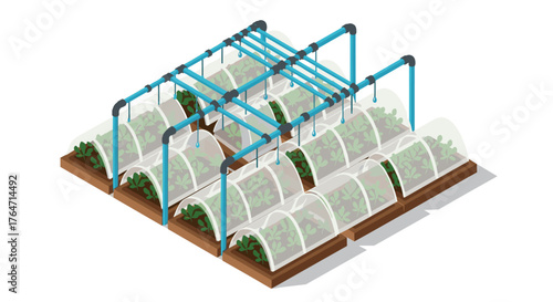Isometric greenhouse design with irrigation system and vegetable plants