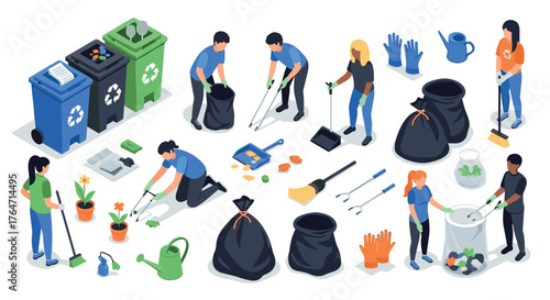 Community cleanup and recycling activities in isometric style