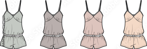 Collection of flat fashion illustrations depicting versatile women's sleeveless rompers, designed for ultimate comfort and relaxed wear, available in an array of soft, contemporary color variations