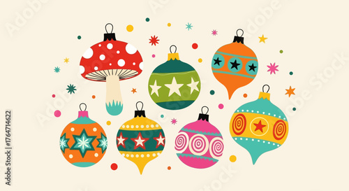 Whimsical Holiday Mushroom and Ornament Vector Illustration