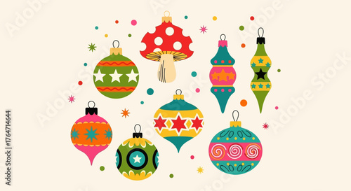 Festive retro Christmas ornaments and mushroom holiday decorations on an off-white background