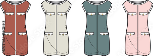 Technical fashion illustration of a casual short-sleeve dress with front zipper and utility pockets in various color options. Vector apparel design flat sketch for women's clothing