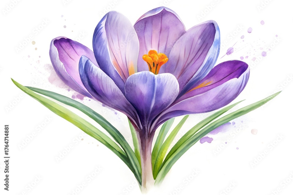 Fototapeta premium Delicate watercolor painting of a vibrant purple crocus flower with green leaves and artistic splatters