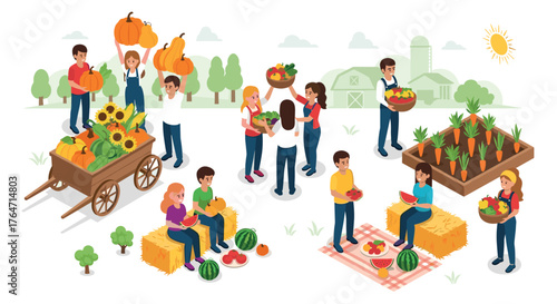 Autumn harvest festival with people gathering vegetables and fruits in a farm setting
