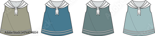 Collection of classic sleeveless sailor-style dresses in various shades, showcasing a comfortable and timeless nautical-inspired design perfect for casual wear or children's fashion concepts