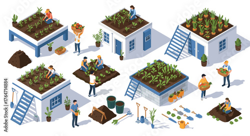 Isometric urban gardening on rooftops with people working and planting vegetables