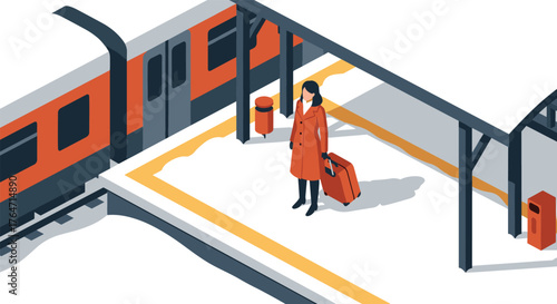 Woman in red coat waiting at train station platform in isometric design
