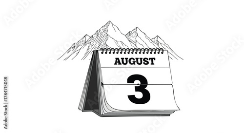 August Third Calendar Date Against Hand-Drawn Mountains Illustrating Specific Scheduling 99 characters