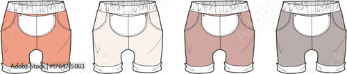 Set of kids sweatshorts fashion flat technical sketches with rolled cuffs. Apparel design template showing multiple colorways for collection