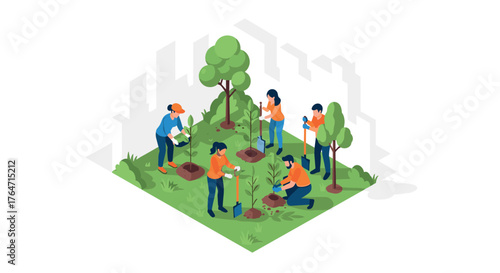Collaborative community gardening: people planting trees in an isometric urban green space