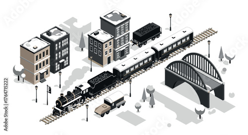 Isometric winter city with train, buildings, and bridge in monochrome design
