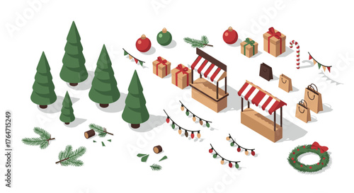 Festive market isometric scene with trees, gifts, and decorations