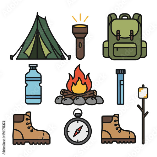 A collection of essential camping and hiking equipment icons for outdoor adventures.