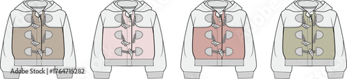 Vector illustration set of a hooded jacket fashion flat with a front zipper, showcasing multiple color variations for apparel design and tech packs