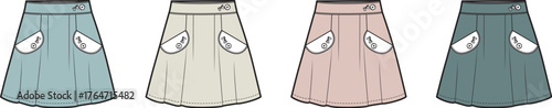 Set of pleated skirts in various pastel colors with patch pockets