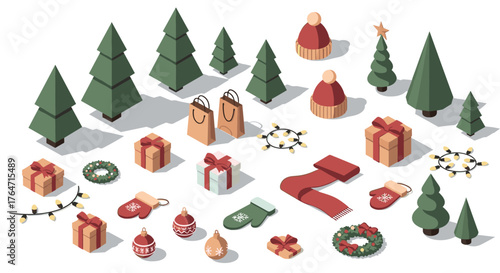 Festive winter isometric set with trees, gifts, and decorations