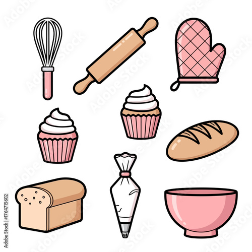 A charming collection of cartoon baking equipment and freshly baked goods on a white background.