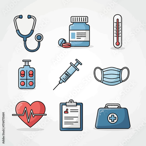 A collection of nine colorful medical and healthcare icons, including a stethoscope, syringe, pills, and a first aid kit.