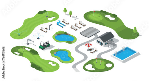 Isometric golf course layout with pools, cart, and clubhouse