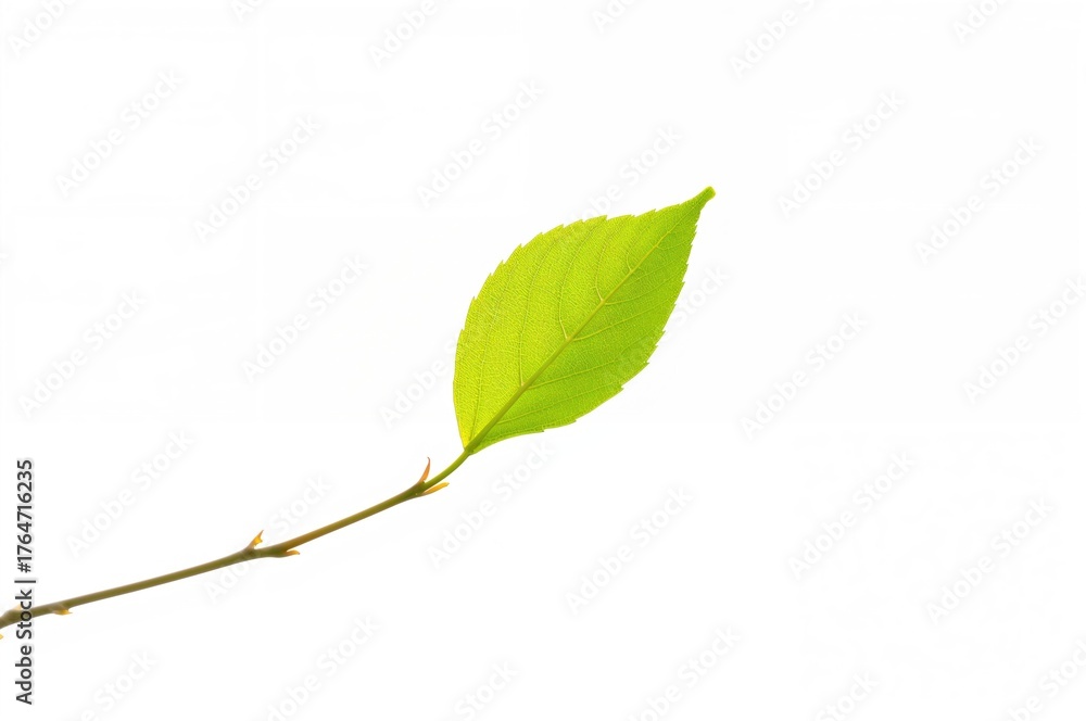 Fototapeta premium Single green leaf against a plain white background