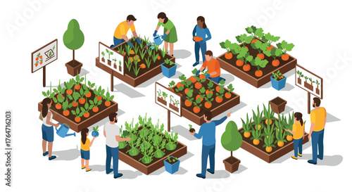 Community gardening activity with families growing vegetables in raised beds