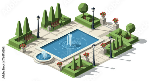 Isometric park scene with fountain and benches in geometric style