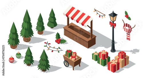 Festive christmas market isometric elements with trees, gifts, decorations, and stalls