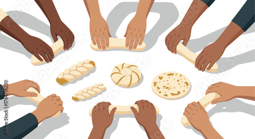 Diverse hands collaboratively kneading dough for baking bread