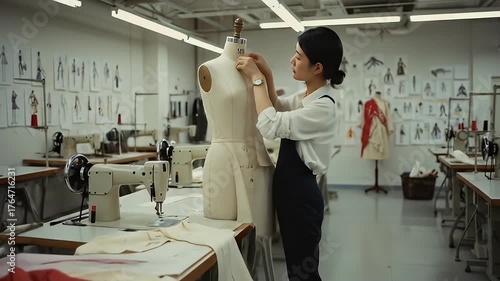 Woman working on a mannequin in a bright, spacious, and minimalist sewing studio