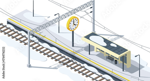 Isometric snowy train station platform with clock and overhead wires