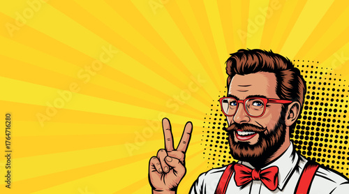 Smiling young pop art man on a yellow background. Pop art in comic book style.