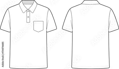 Classic polo shirt technical flat drawing, short sleeve collar t-shirt with chest pocket design, unisex apparel fashion template, cad drawing flat vector