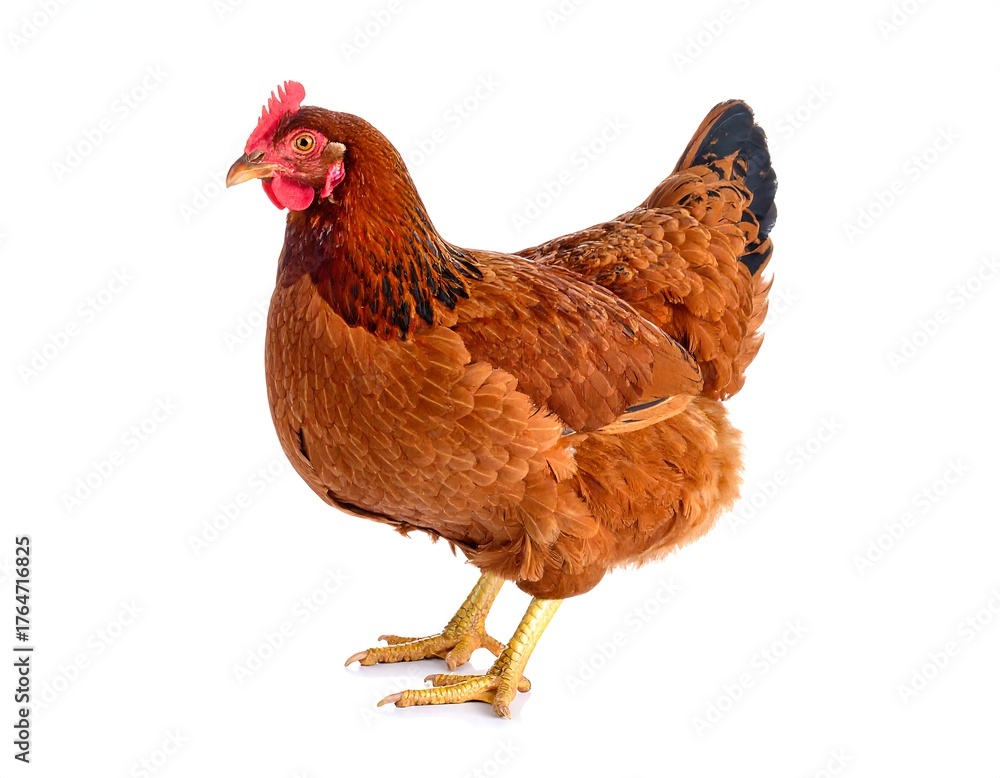 Fototapeta premium A close-up studio shot shows a brown hen standing sideways, isolated against a white background