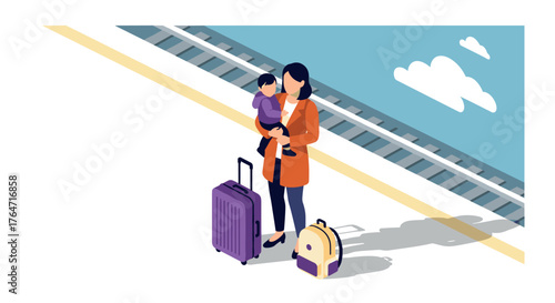 Mother holding child at train station with luggage in modern isometric style