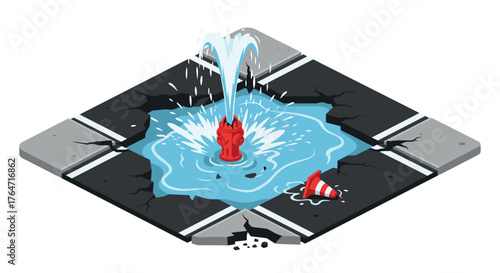 Burst fire hydrant in urban street flooding scene with broken concrete