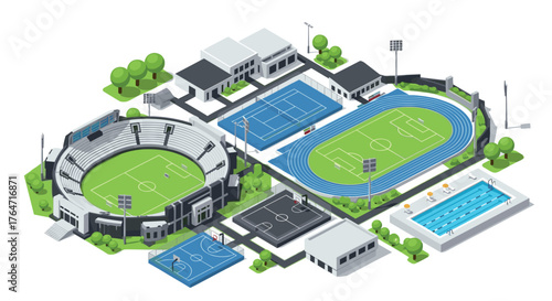 Modern sports complex isometric design with stadium, courts, and pool