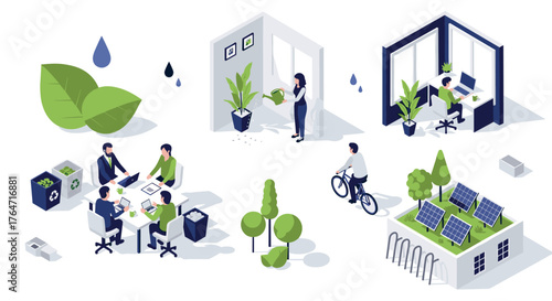 Sustainable office environment with green energy and eco-friendly practices