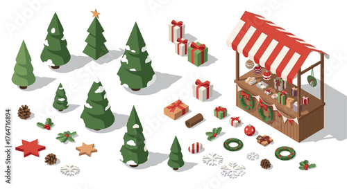 Isometric christmas market stall with festive trees and gifts