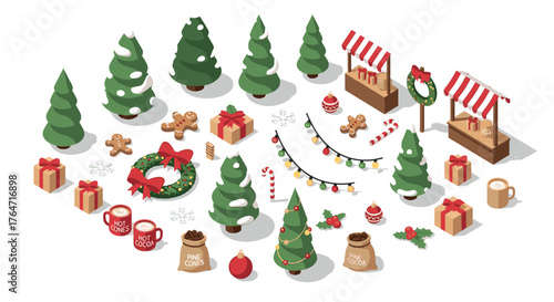 Festive isometric christmas market with trees, gifts, and decorations