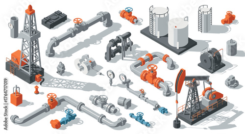 Detailed isometric industrial oil and gas production infrastructure setup