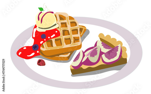 いちじくのタルトとワッフルとアイスクリーム、ベリーソース