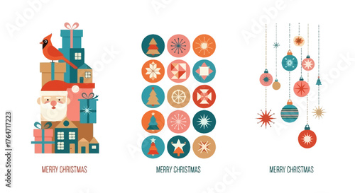 Festive Christmas Illustrations with Ornaments, Presents and Santa