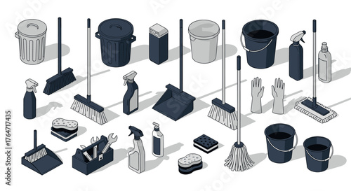 Isometric cleaning tools: brooms, buckets, and supplies in monochrome design